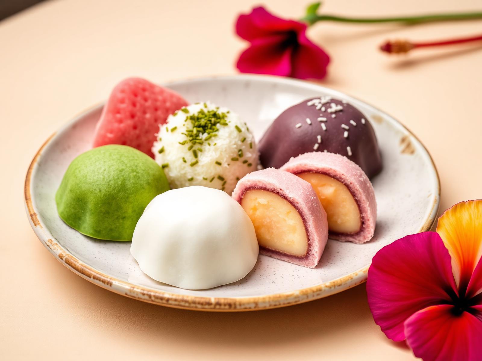 A plate of colorful mochi